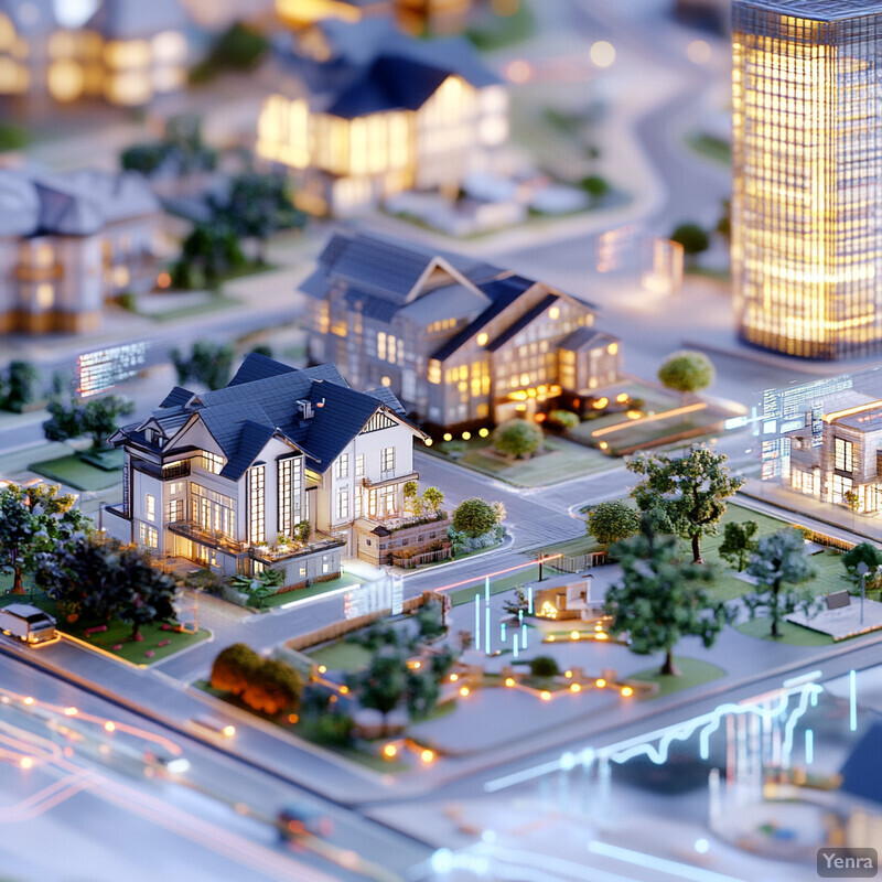 A miniature city block or neighborhood is depicted in this stylized image.