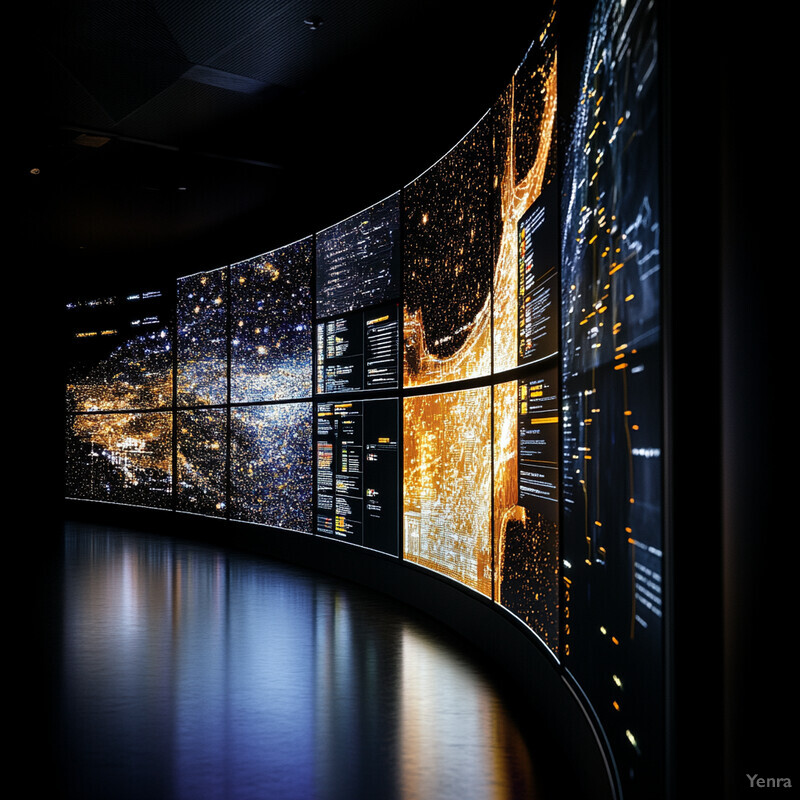 A large curved display screen mounted on a wall displaying various types of data visualizations.