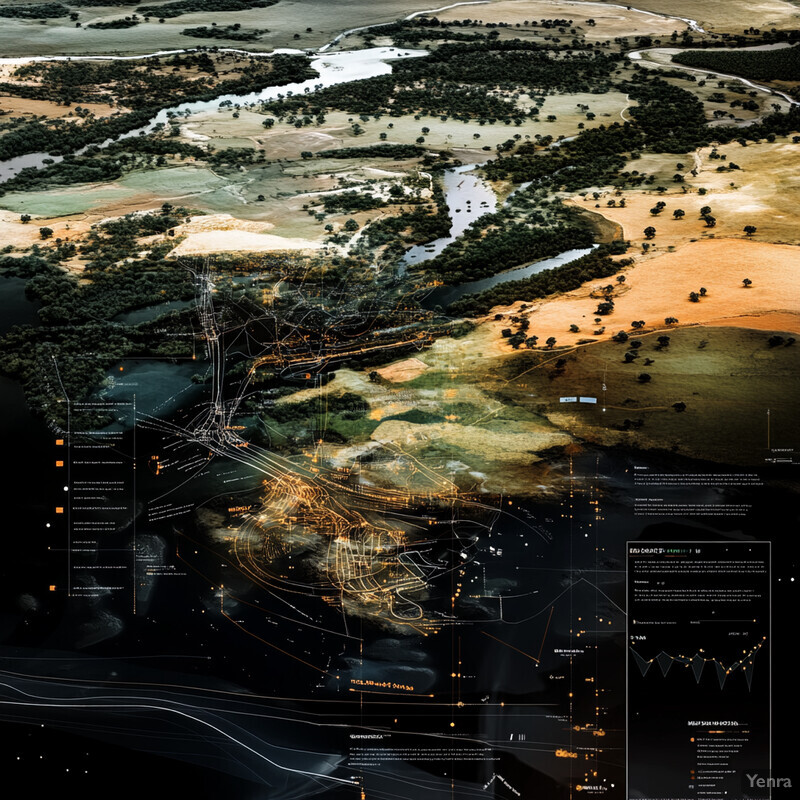 Predictive modeling of land suitability with an aerial view of a natural landscape overlaid with technical visualizations.