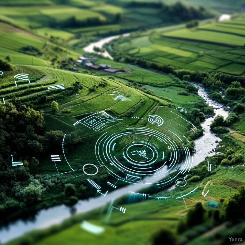 A serene and idyllic landscape featuring a winding river and rolling hills, overlaid with a circular graphic representing data or information.