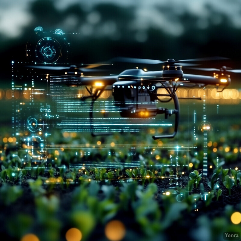 Drone flying over crop field collecting data on growth.