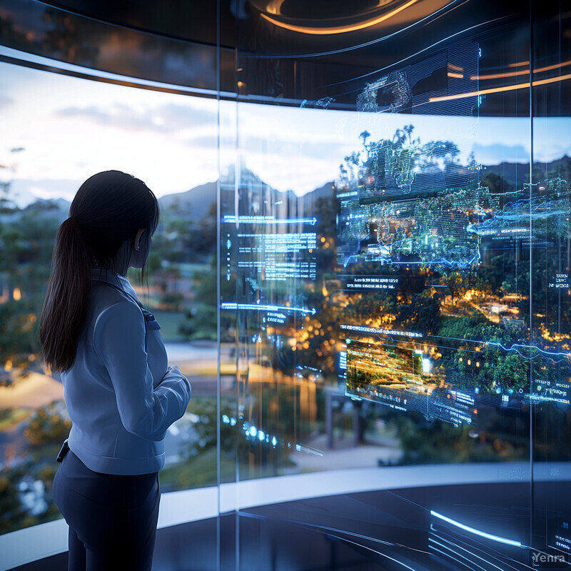 A woman stands in front of a screen displaying scenario planning simulation data.