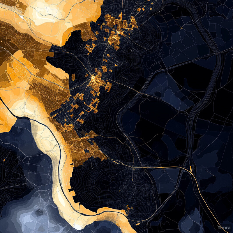 A cityscape with a mix of residential and commercial areas, featuring dark blue water bodies and light orange urban development.