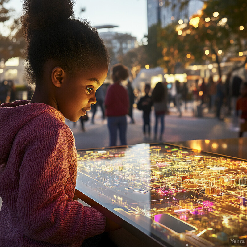 A young girl examines a large display of circuit boards and microchips in the middle of a city street.