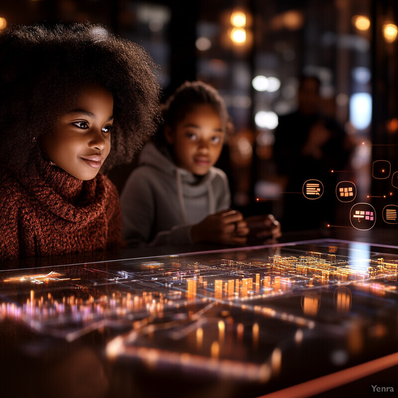 Two young girls explore an interactive display featuring a glowing cityscape.