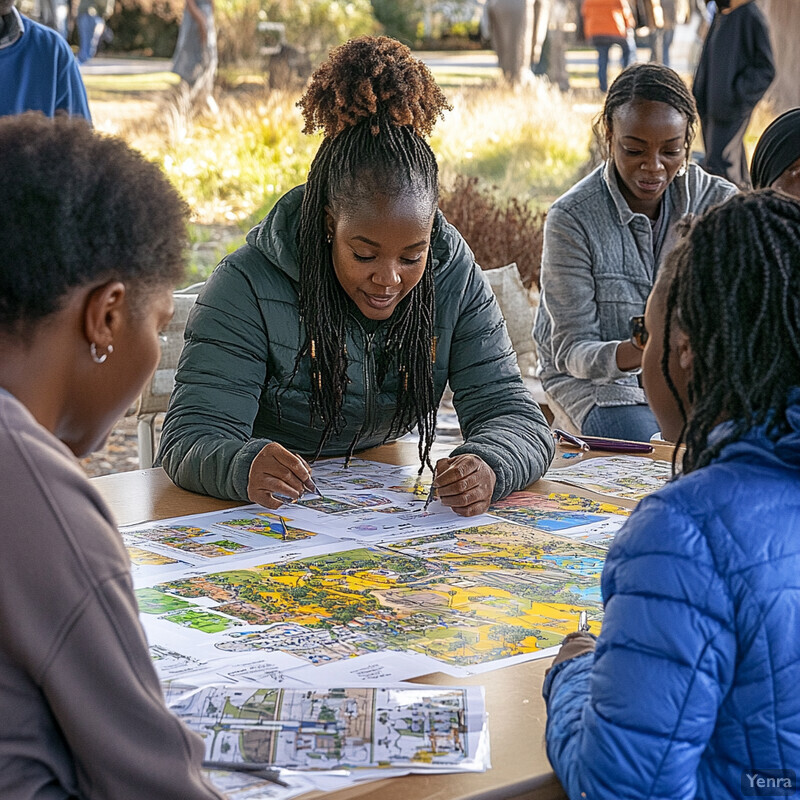 A group of Black women gather around a table in an outdoor setting, engaged in a collaborative activity.