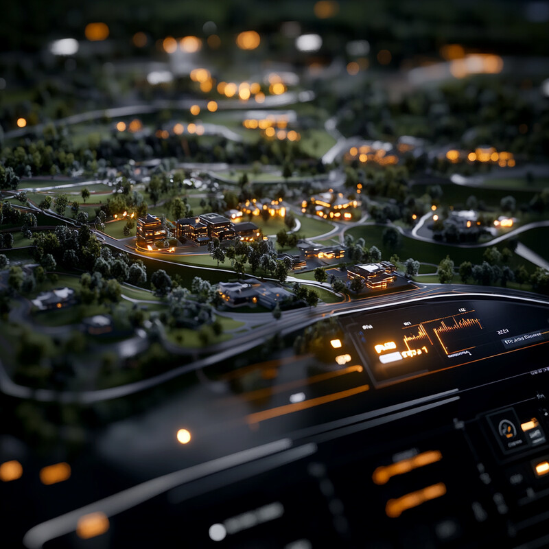 A vibrant green cityscape at night, featuring various buildings and roads.