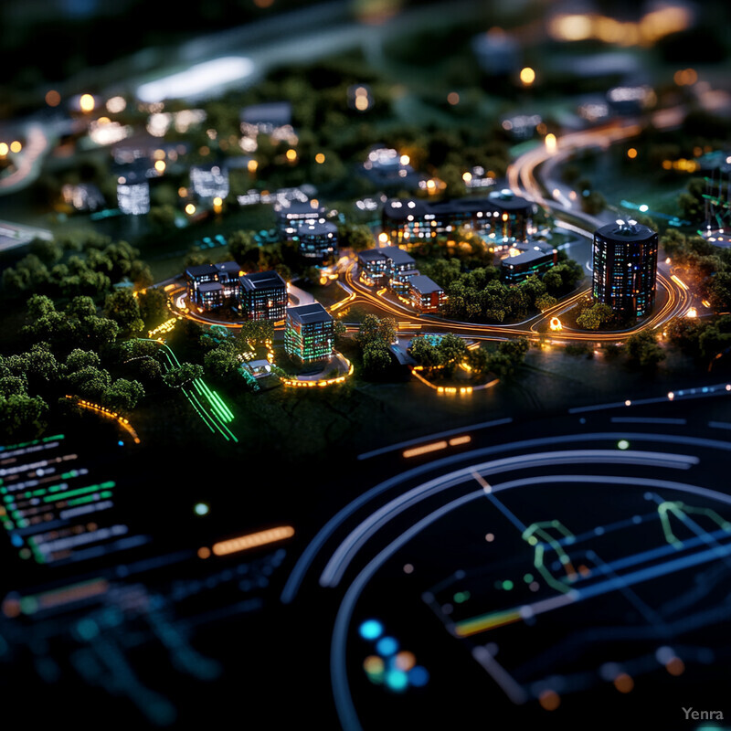 An urban growth simulation model with buildings and roads in a fictional city.