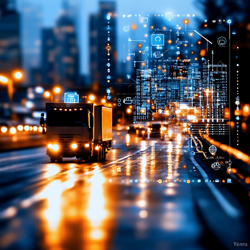 A city street at night with two large trucks driving down the center of the road.