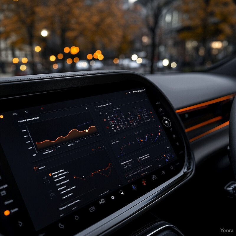 A car's infotainment system displays graphs and charts while driving in an urban area.