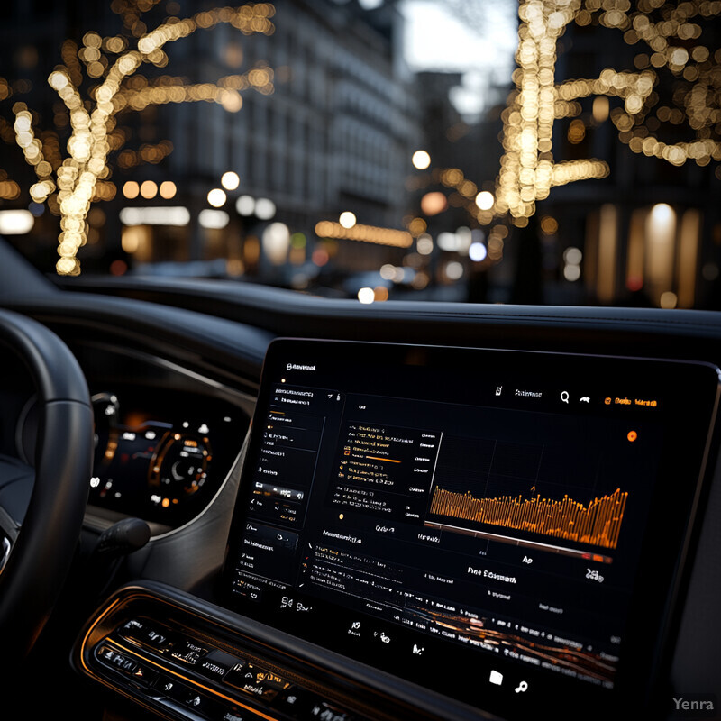 A car's dashboard with a large screen displaying graphs and charts, illuminated by soft white lights.