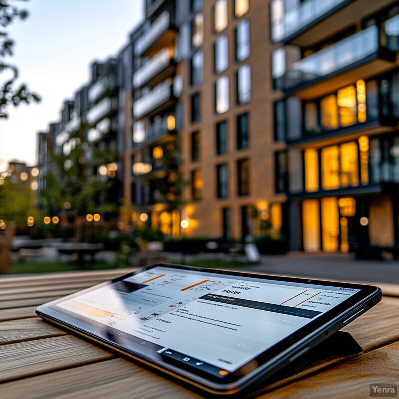 A tablet is placed on a wooden surface outside an apartment building.