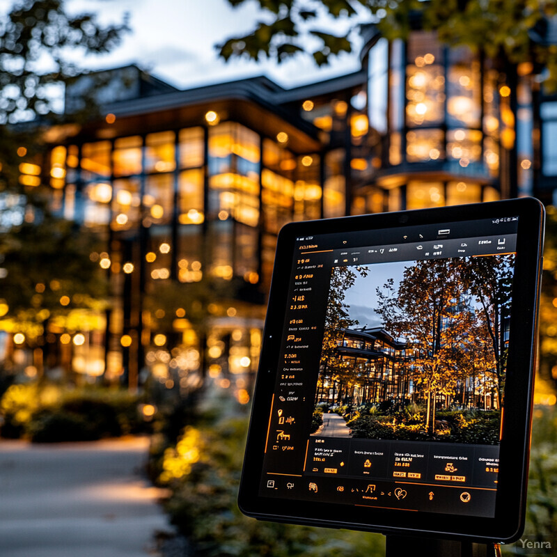 A tablet displaying a photograph of a modern building at night in an outdoor setting.