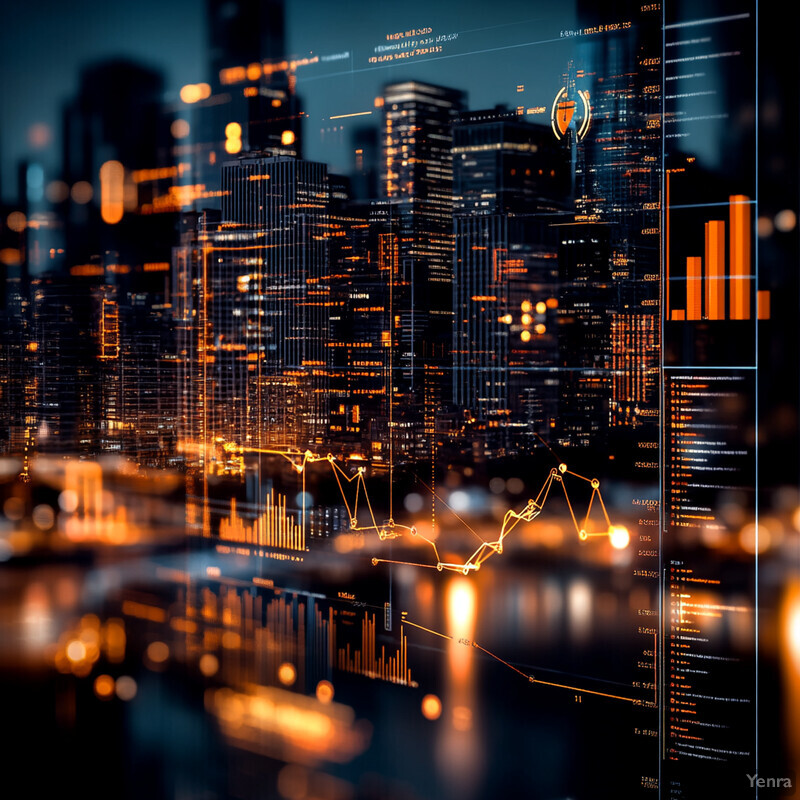 A cityscape at night with various buildings and skyscrapers illuminated by orange lights.