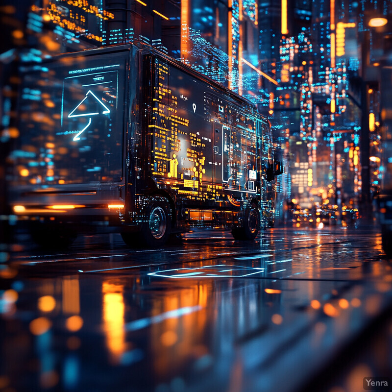 Two trucks driving down a city street at night