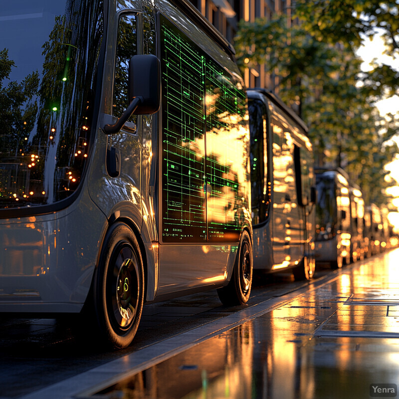 A row of electric vehicles lined up along a street or parking lot, with green accents on their side panels displaying lines of code or data.