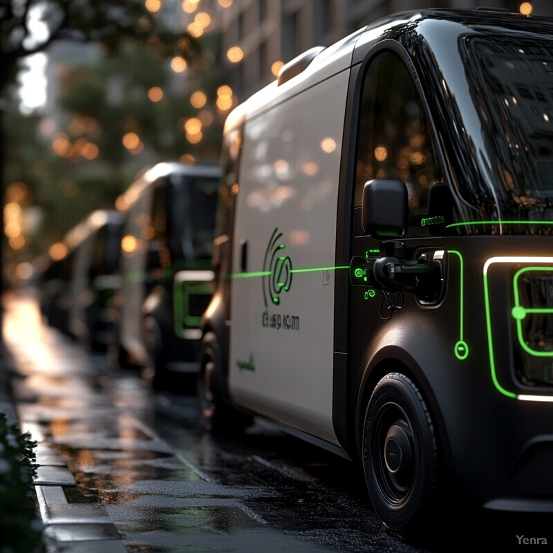 A row of electric vehicles parked on a wet street with green neon outlines.