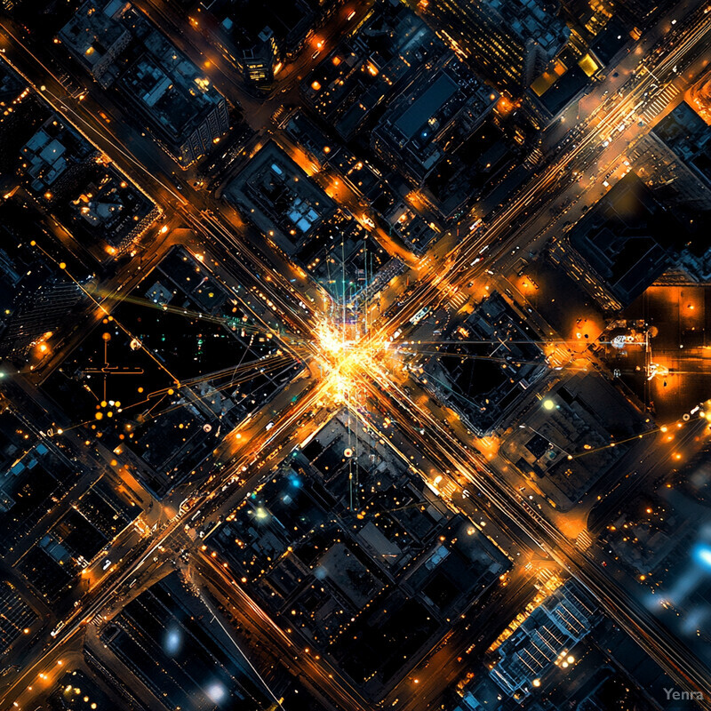 An aerial view of a city at night, showcasing its urban landscape and infrastructure.