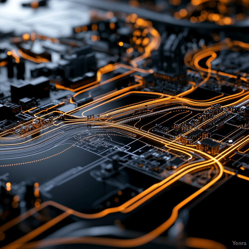 A 3D rendering of a cityscape at night, with roads and highways illuminated by orange lights.