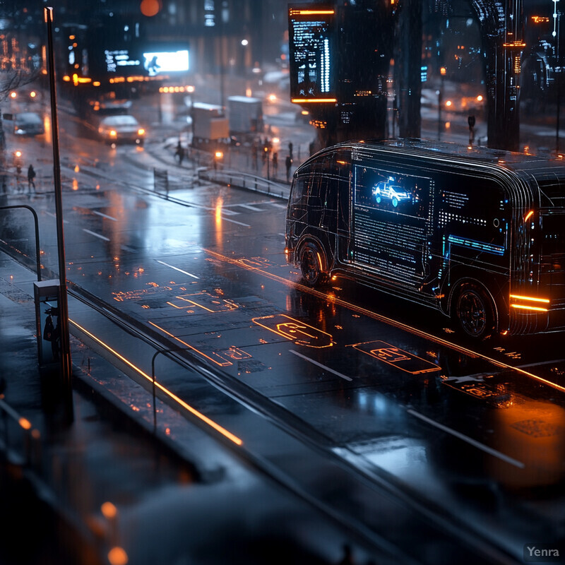 A futuristic cityscape with a high-tech bus as the central focus.