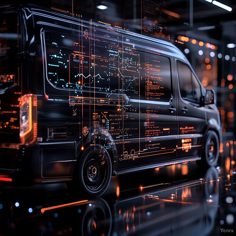 A large black van with intricate orange and blue circuitry diagrams superimposed over its side in a garage or workshop.