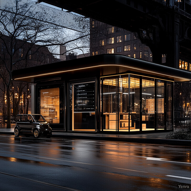 A modern, sleek building with a glass storefront and black exterior walls on a city street.