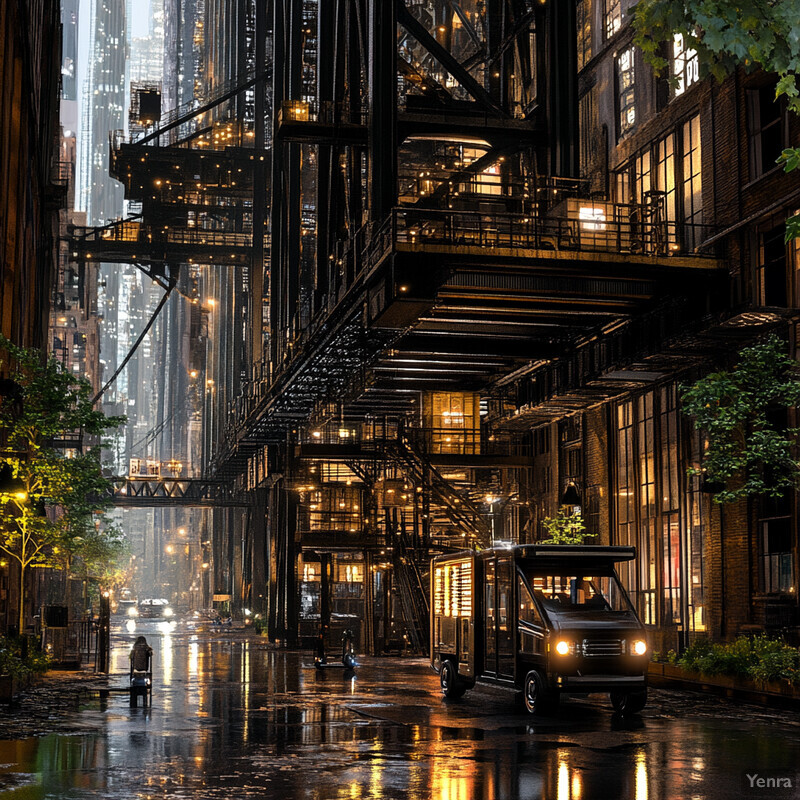 A futuristic cityscape with a rainy atmosphere and numerous vehicles parked along the street.