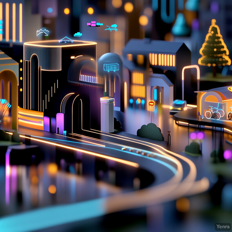 A bustling cityscape at night, with a focus on transportation and infrastructure.