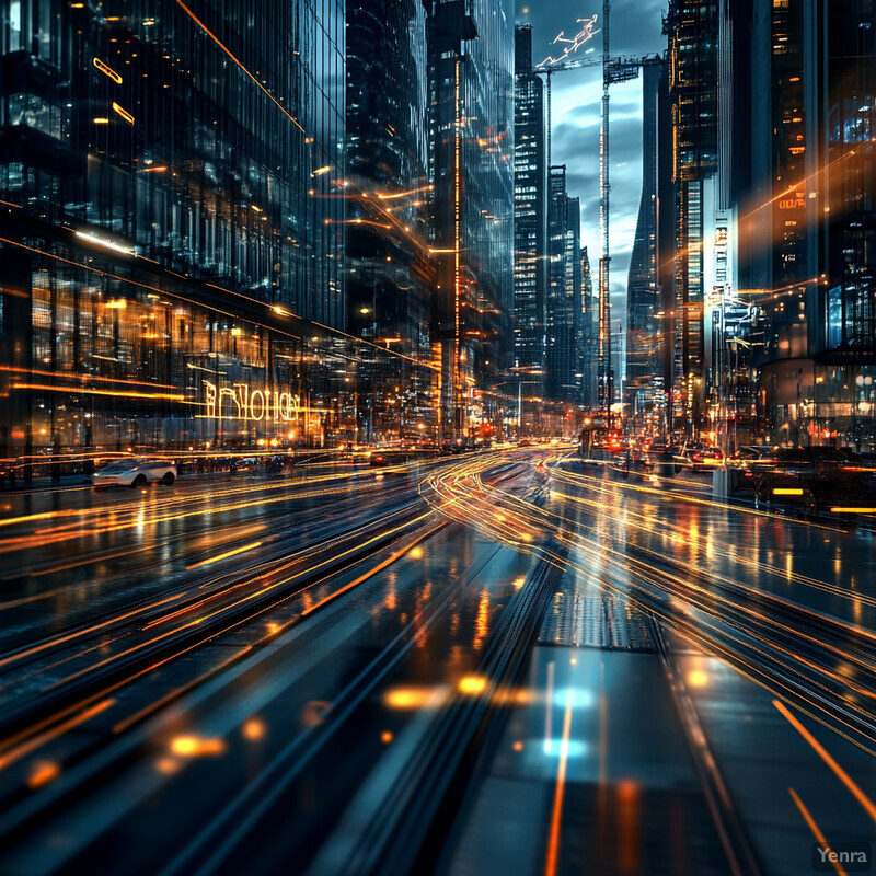 A busy city street at night, with tall skyscrapers and neon lights.