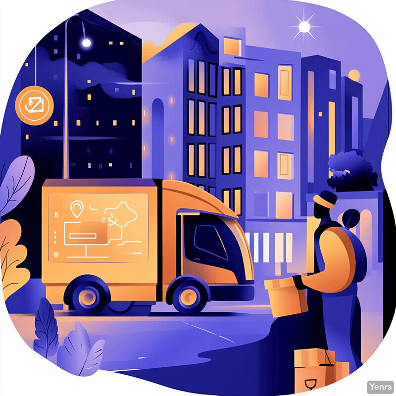 A delivery truck and person are shown on a city street at night, with the truck displaying an icon of a map pin and a box.