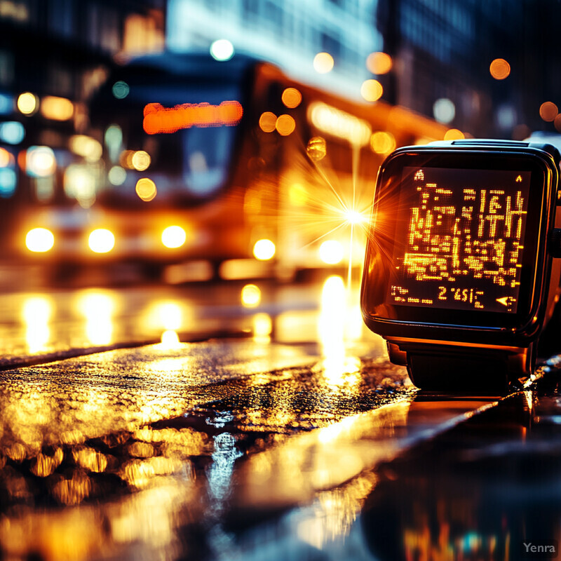 A smartwatch displaying various information on a stone/concrete surface in an outdoor setting at night with rain.