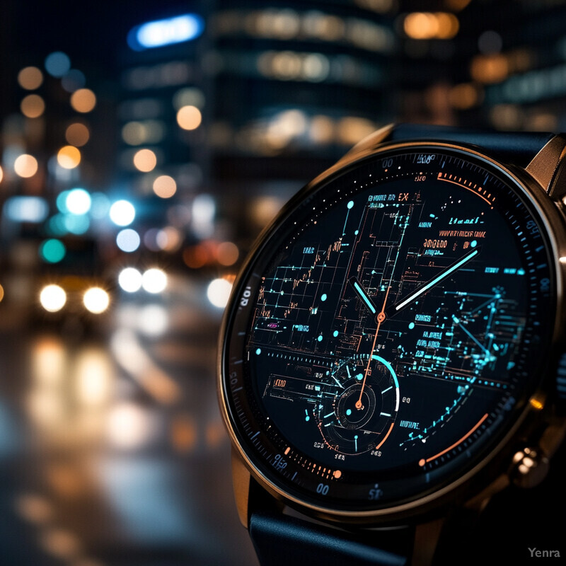 A close-up view of a watch face with a black background and orange and blue markings.