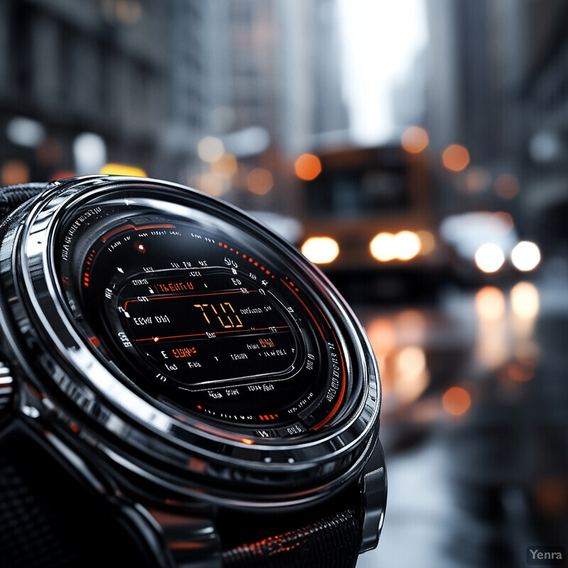 A close-up of a black watch with an orange screen on a city street.