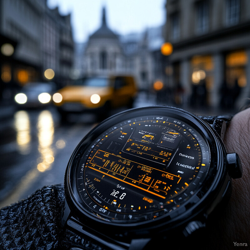 A black watch with an orange and white display is prominently featured in front of a blurred city street background.