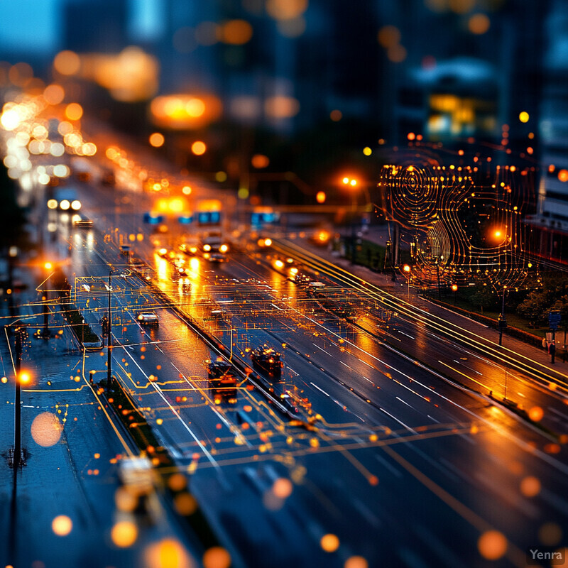 A city street at night, with a focus on traffic patterns and flow.