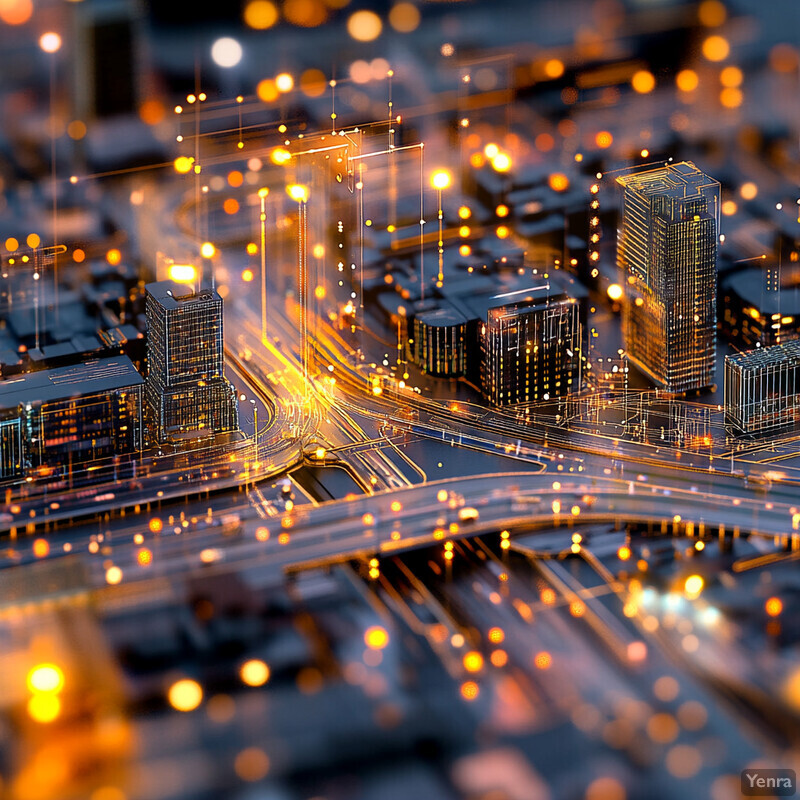 A cityscape at night, with towering skyscrapers and bustling streets.