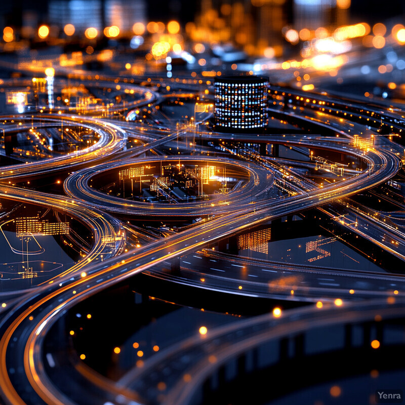 A nighttime view of a busy city with multiple interchanges and skyscrapers in the background.