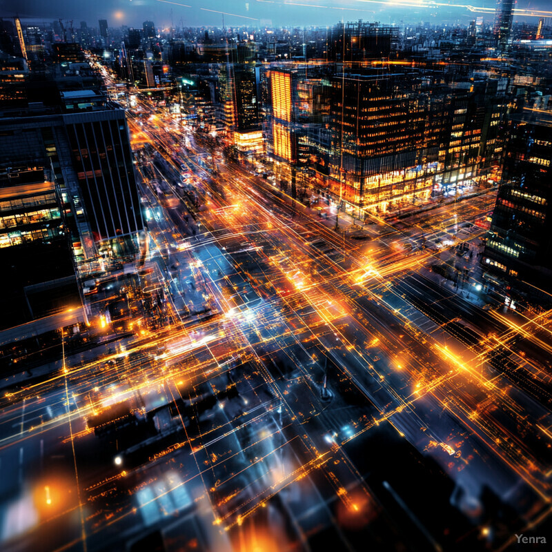 Aerial view of a city at night with many buildings and roads visible.