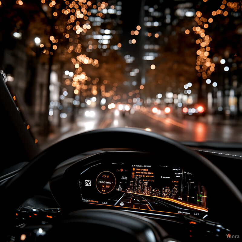 The image shows the interior of a vehicle's dashboard, focusing on the steering wheel and digital display.