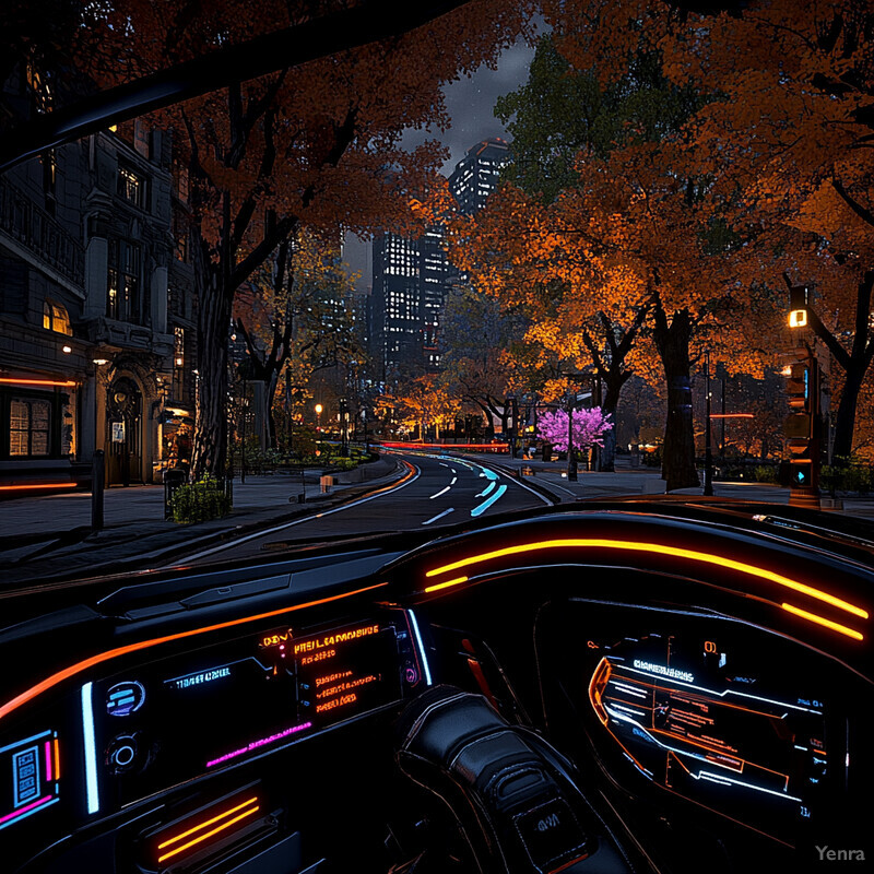 Autumnal city street scene from inside a car's windshield at night.