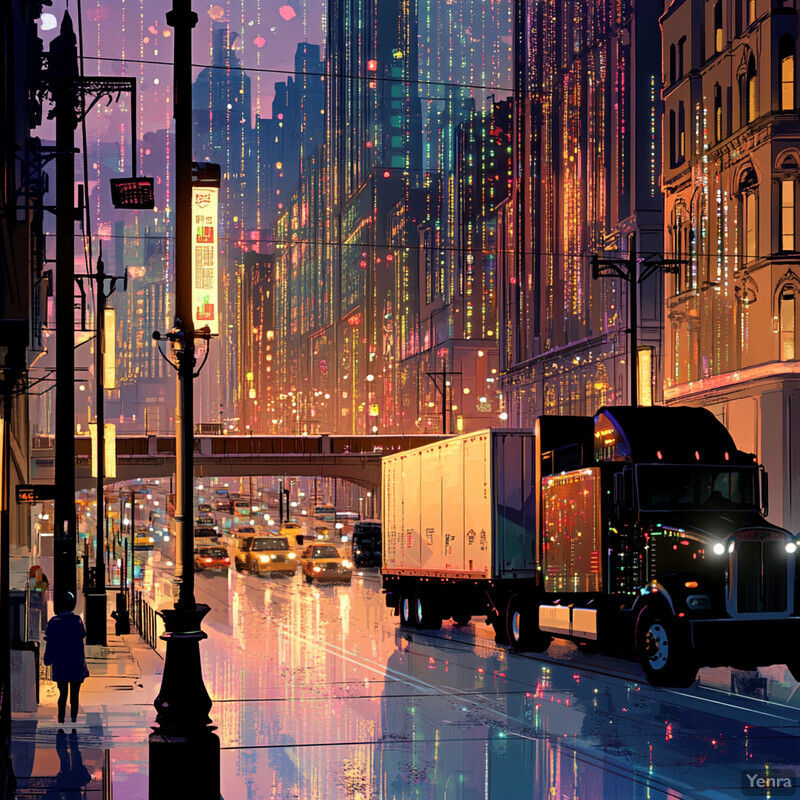 A city street at night with a large truck driving down the road, surrounded by tall buildings and streetlights.