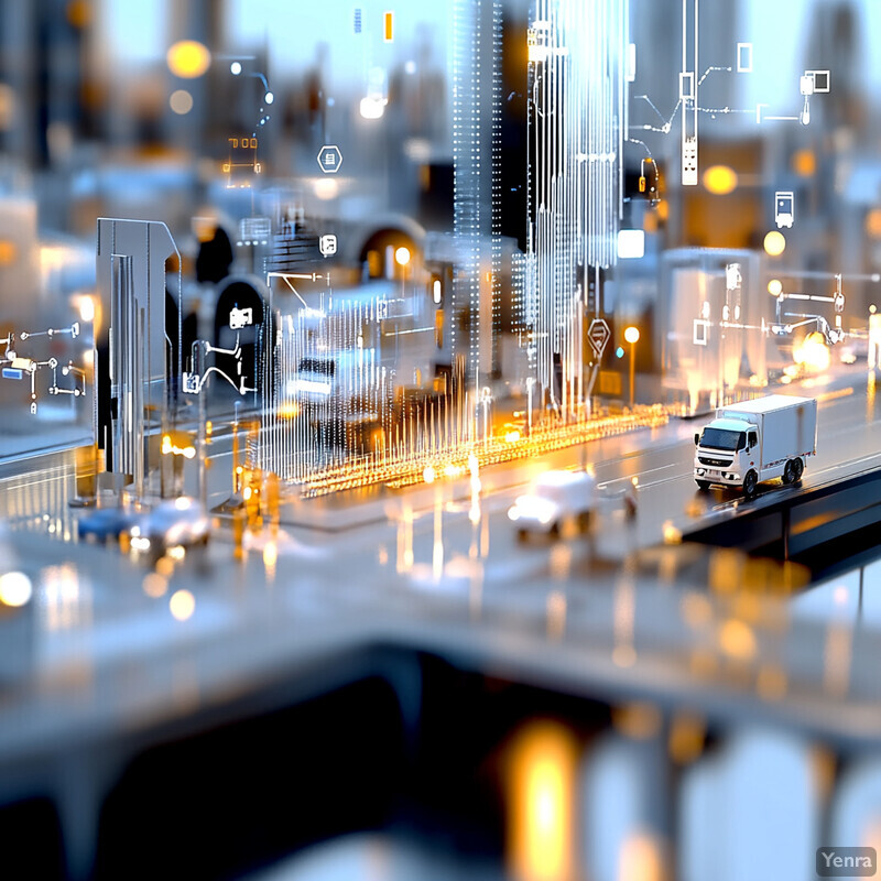 A cityscape with a focus on technology and infrastructure, set at night.