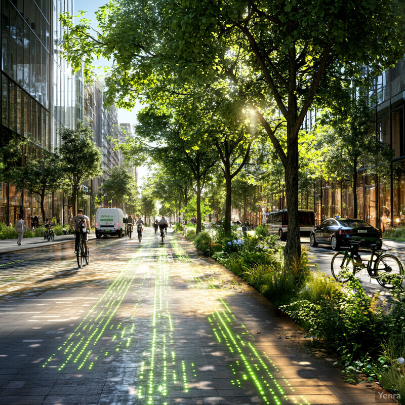 A futuristic city street with a focus on sustainability integration.