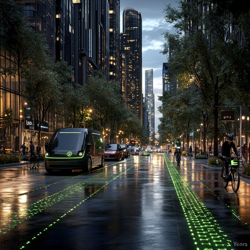 A futuristic city street at dusk, featuring a self-driving electric vehicle and pedestrians.