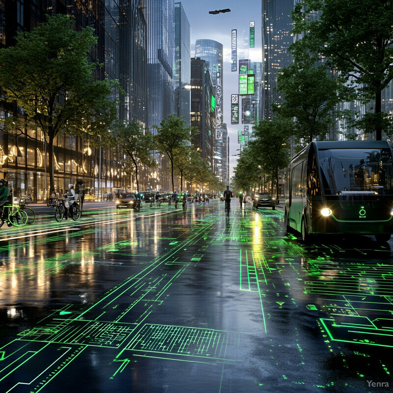 A futuristic city street with a focus on sustainability integration, featuring green neon lines on the road and tall buildings in the background.