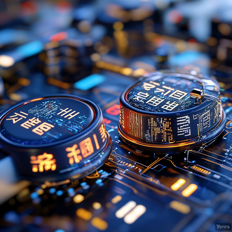 Two circular objects sit on top of a circuit board in a high-tech setting.