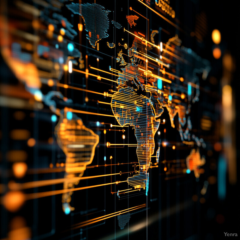 A futuristic world map with overlaid lines, symbols, and data points in black, orange, and blue hues.