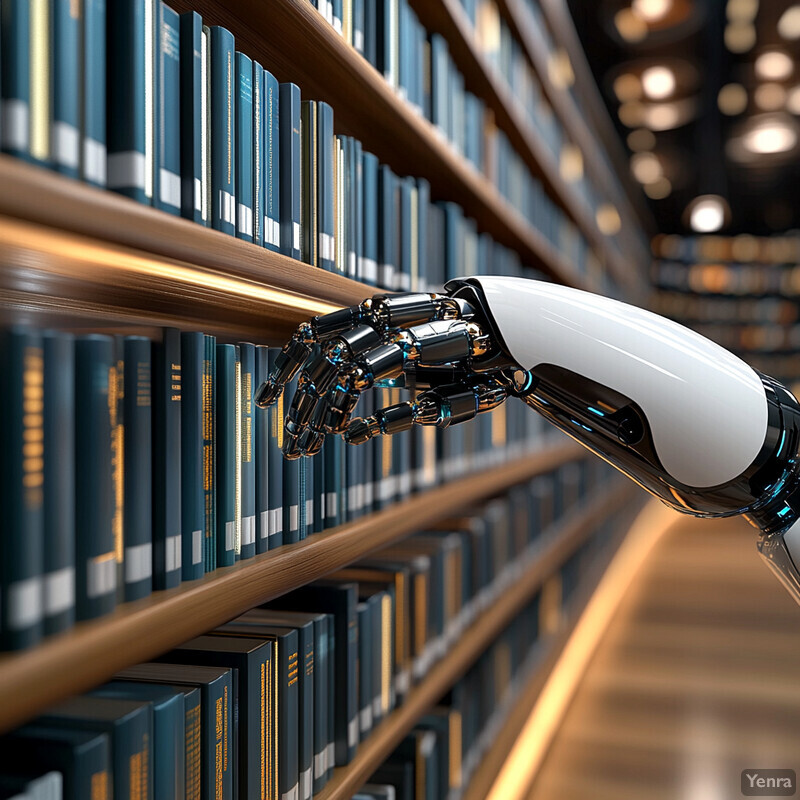 A robotic arm reaches out to touch a book on a shelf in a library or bookstore setting.