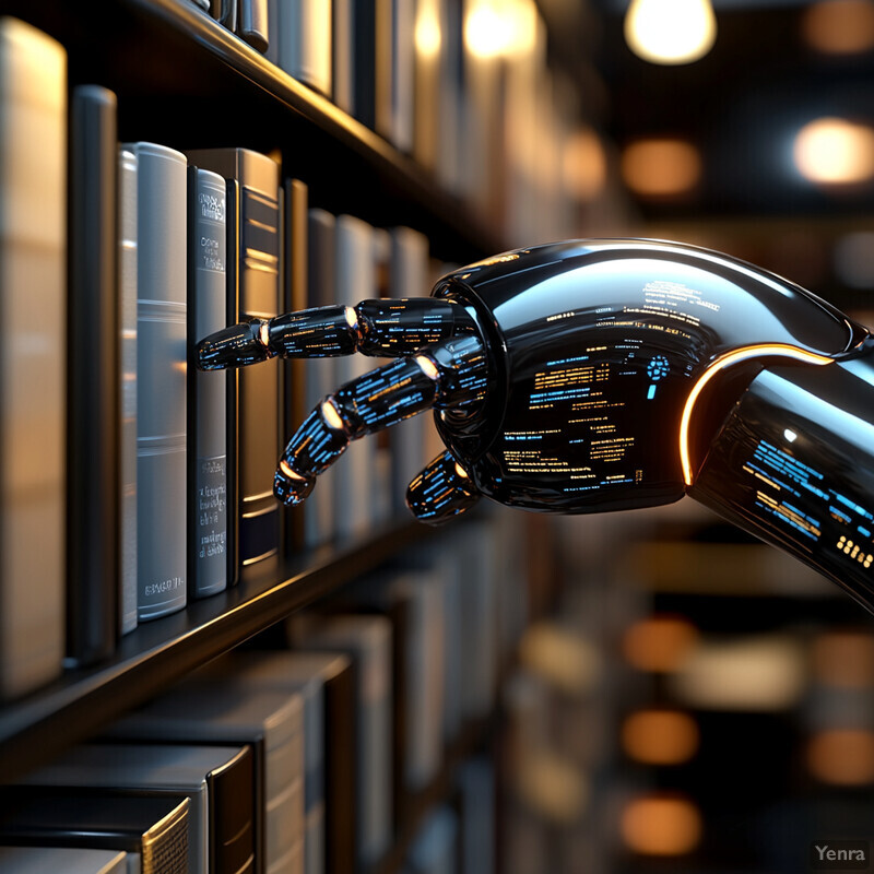 A robotic arm reaches out to touch a book on a shelf in a futuristic library.