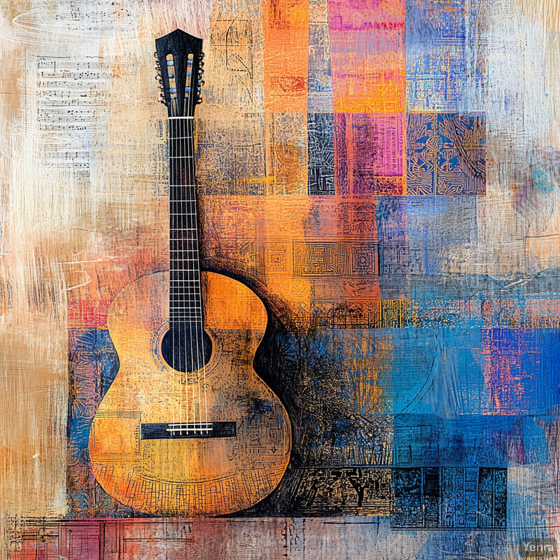 An abstract painting of a guitar against a vibrant background, showcasing a harmonious blend of colors and textures.